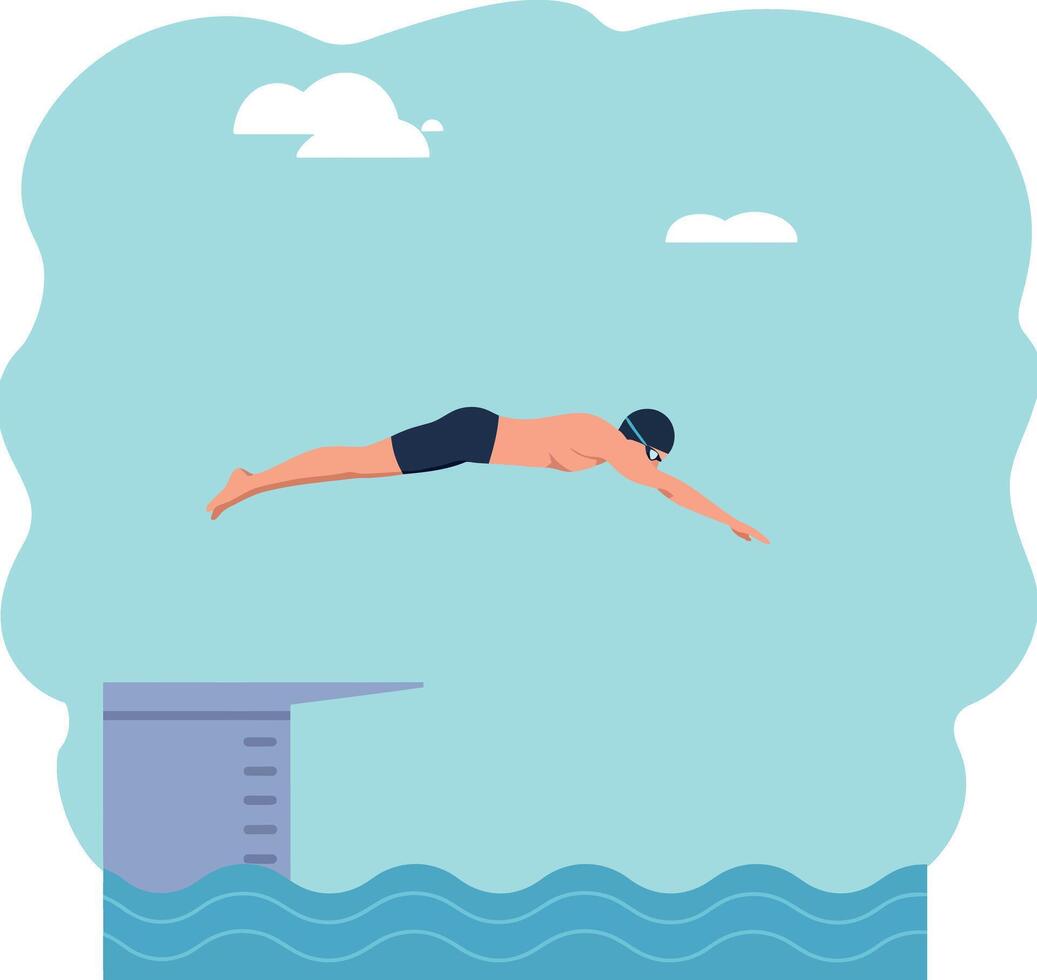 Diver leaping off a platform into water in a flat illustration vector