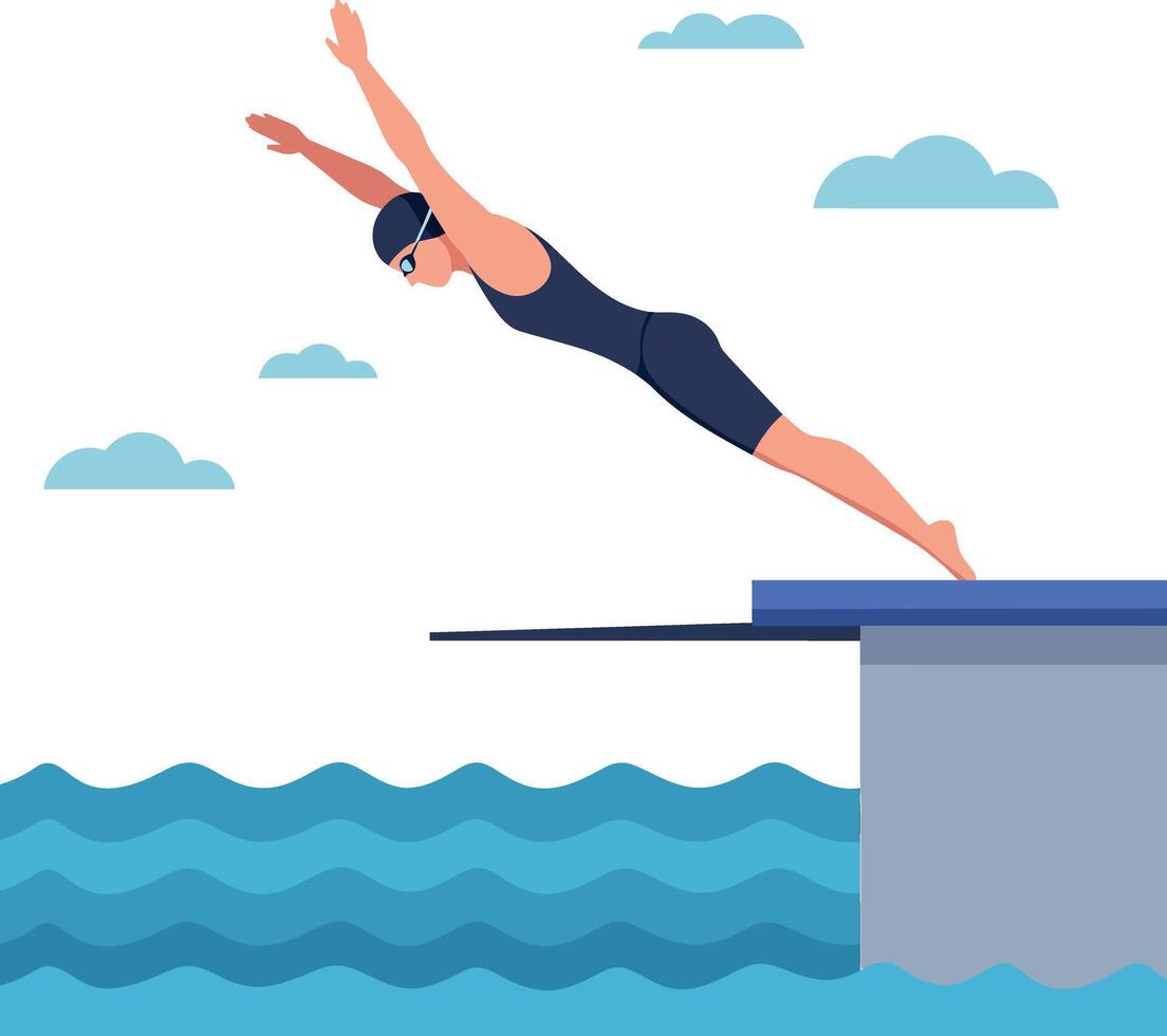 A swimmer diving off a platform into blue waves in a flat illustration vector