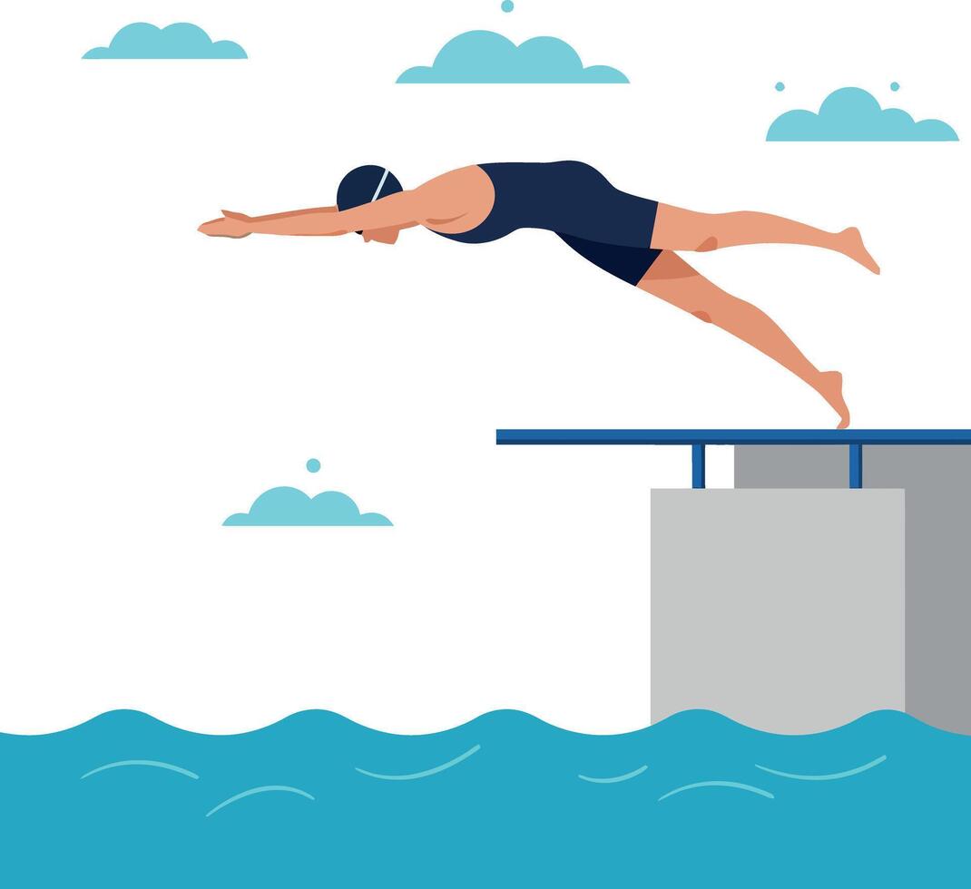 Diver in athletic swimwear performing a dive from a platform into calm water flat illustration vector