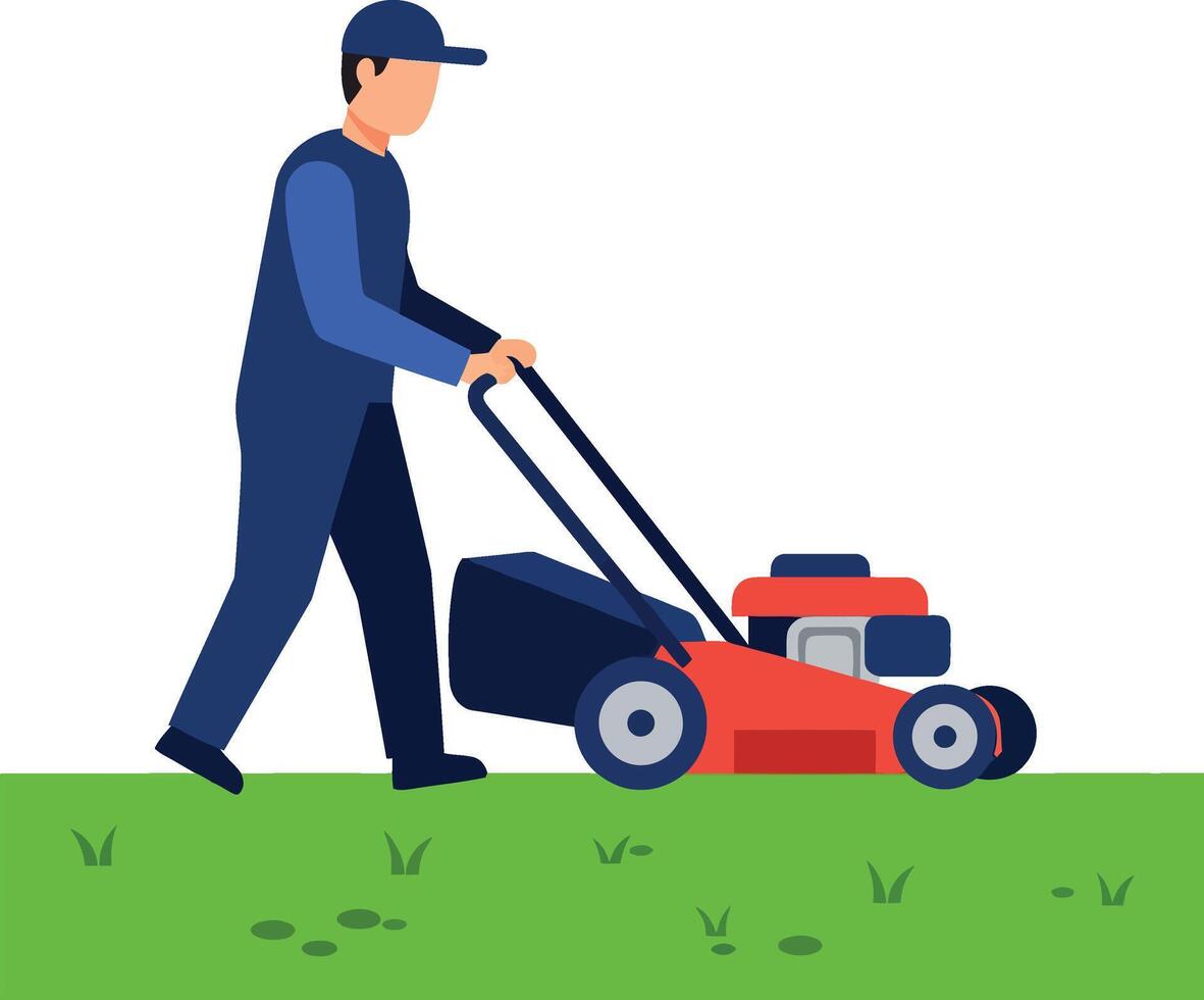 Man mowing a green lawn with a red lawnmower in a flat illustration vector