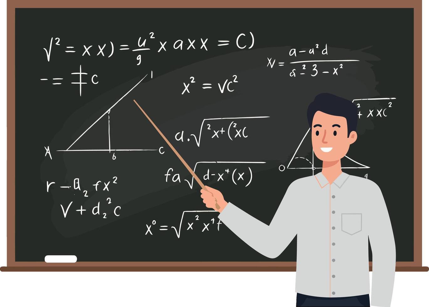 A teacher explaining mathematical concepts at a chalkboard in flat illustration vector