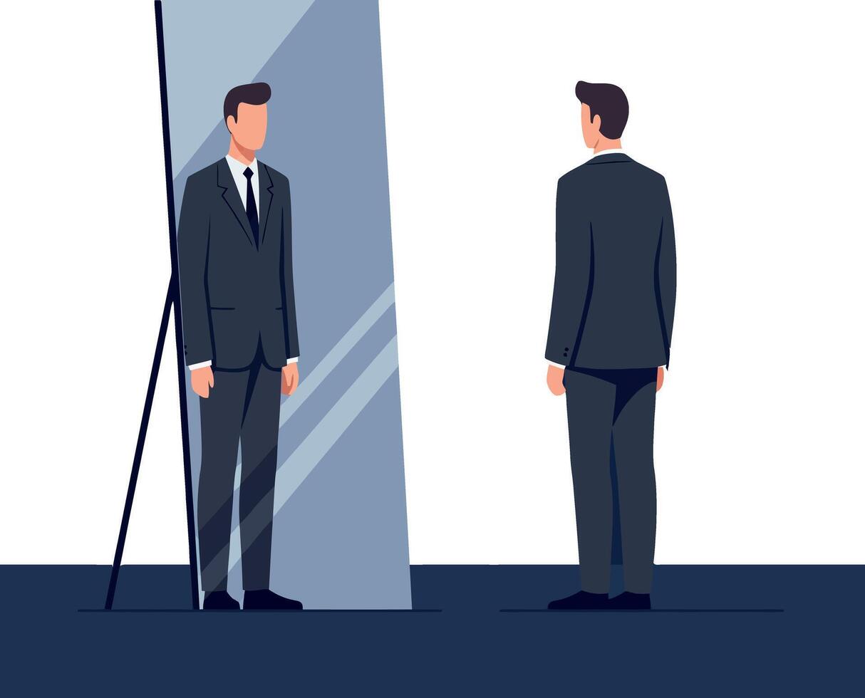 Businessman in a suit gazing at his reflection in a mirror, minimal illustration vector