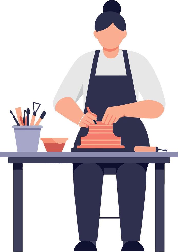 A woman sculpting clay on a pottery wheel in a minimal, flat design art vector