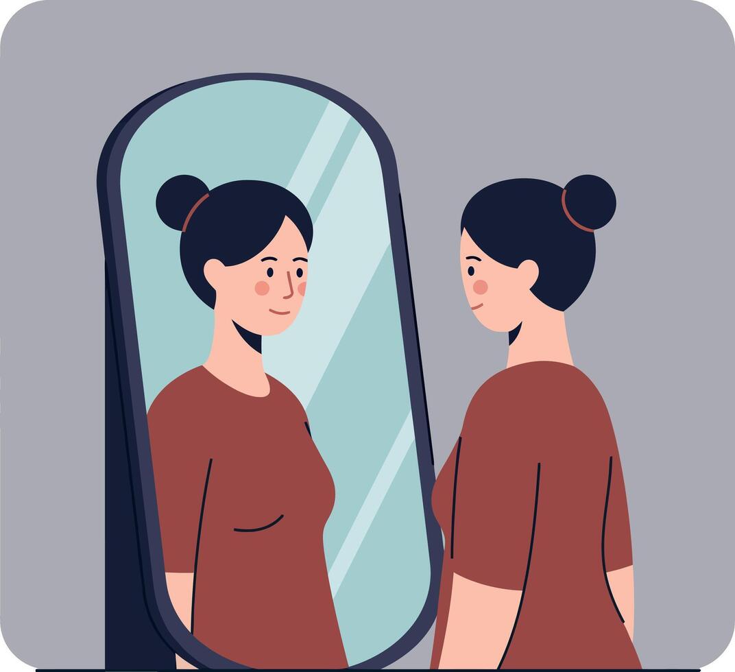 Woman admiring her reflection in a full-length mirror in a minimalistic design art vector