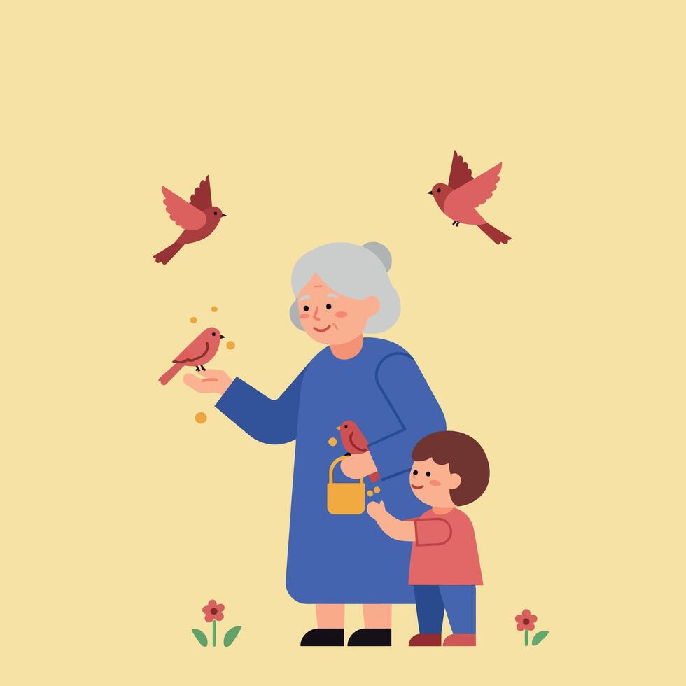 A grandmother feeding birds with her grandson in a cheerful flat illustration vector