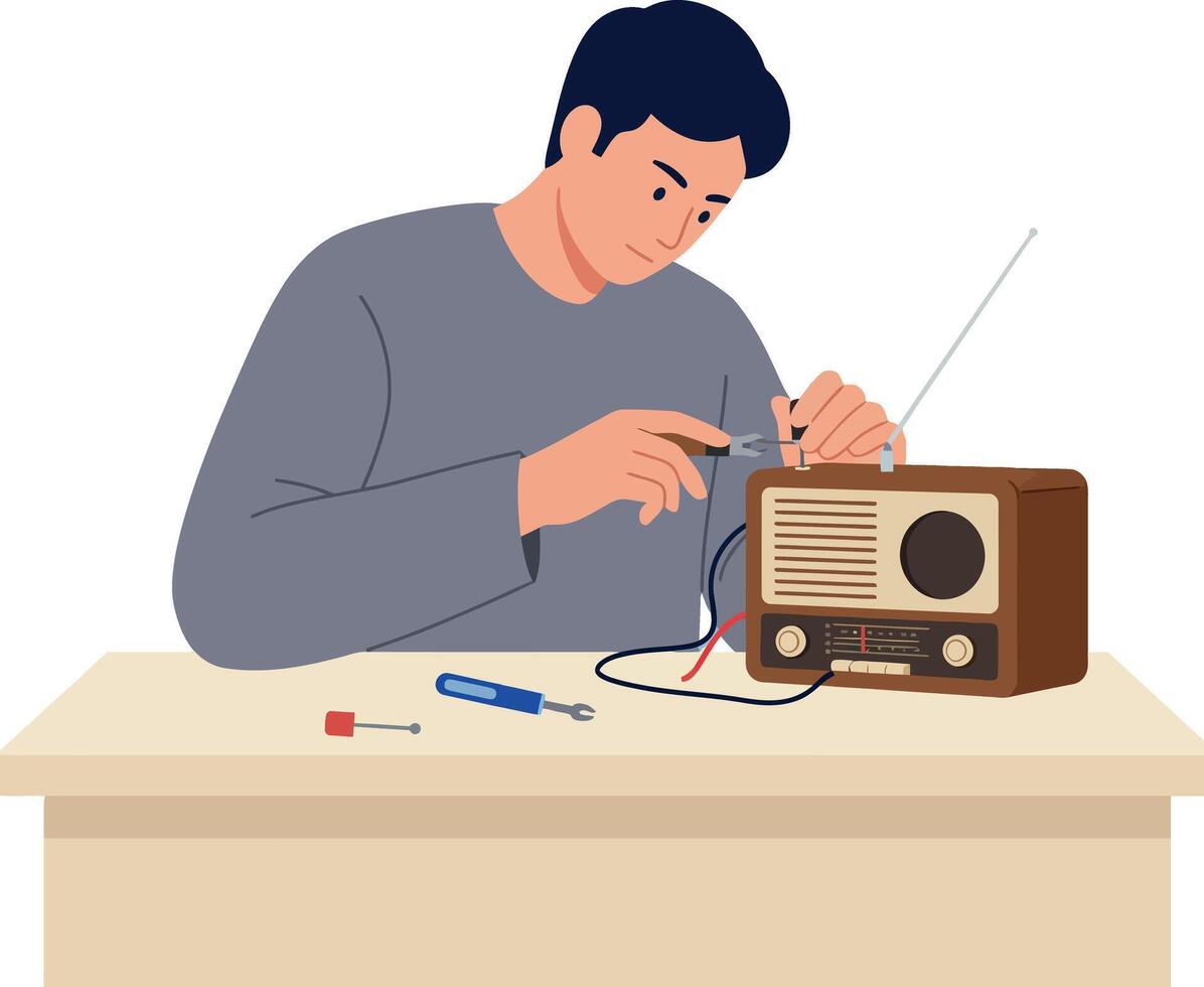 Man repairing a vintage radio on a wooden table in a flat illustration vector