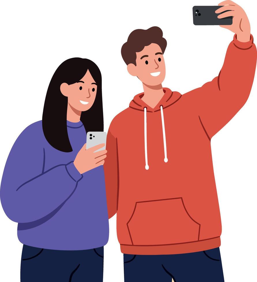 Two friends taking a cheerful selfie in casual attire with a flat illustration style vector