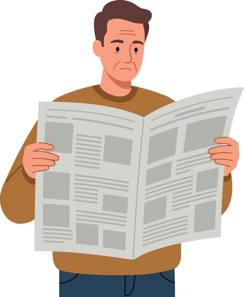 Man reading a newspaper in a casual sweater, flat illustration vector