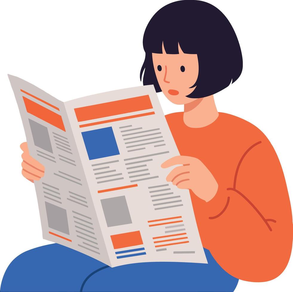 A young woman reading a newspaper in a cozy setting with a flat design style illustration vector