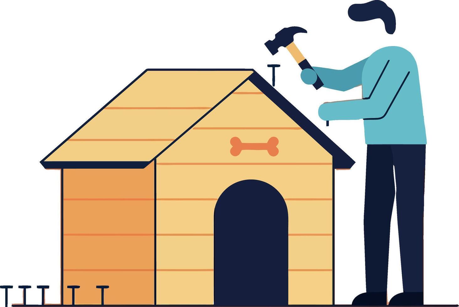 A man building a wooden dog house in a flat illustration style showing craftsmanship and care for pets vector