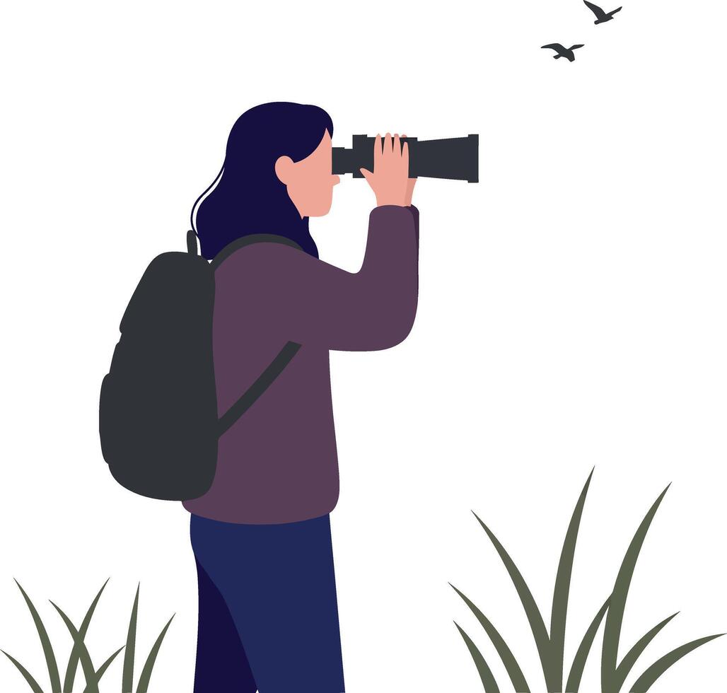 Woman observing nature with binoculars in a serene outdoor setting, flat illustration vector