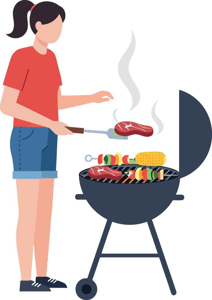 A young woman grilling colorful vegetables and meats at a barbecue in a minimal illustration vector