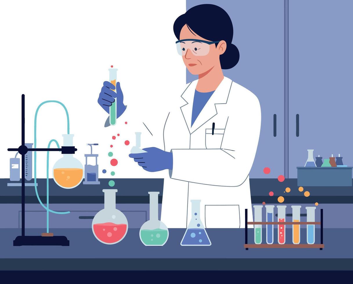 Scientist in a laboratory conducting experiments with colorful liquids in flat art vector