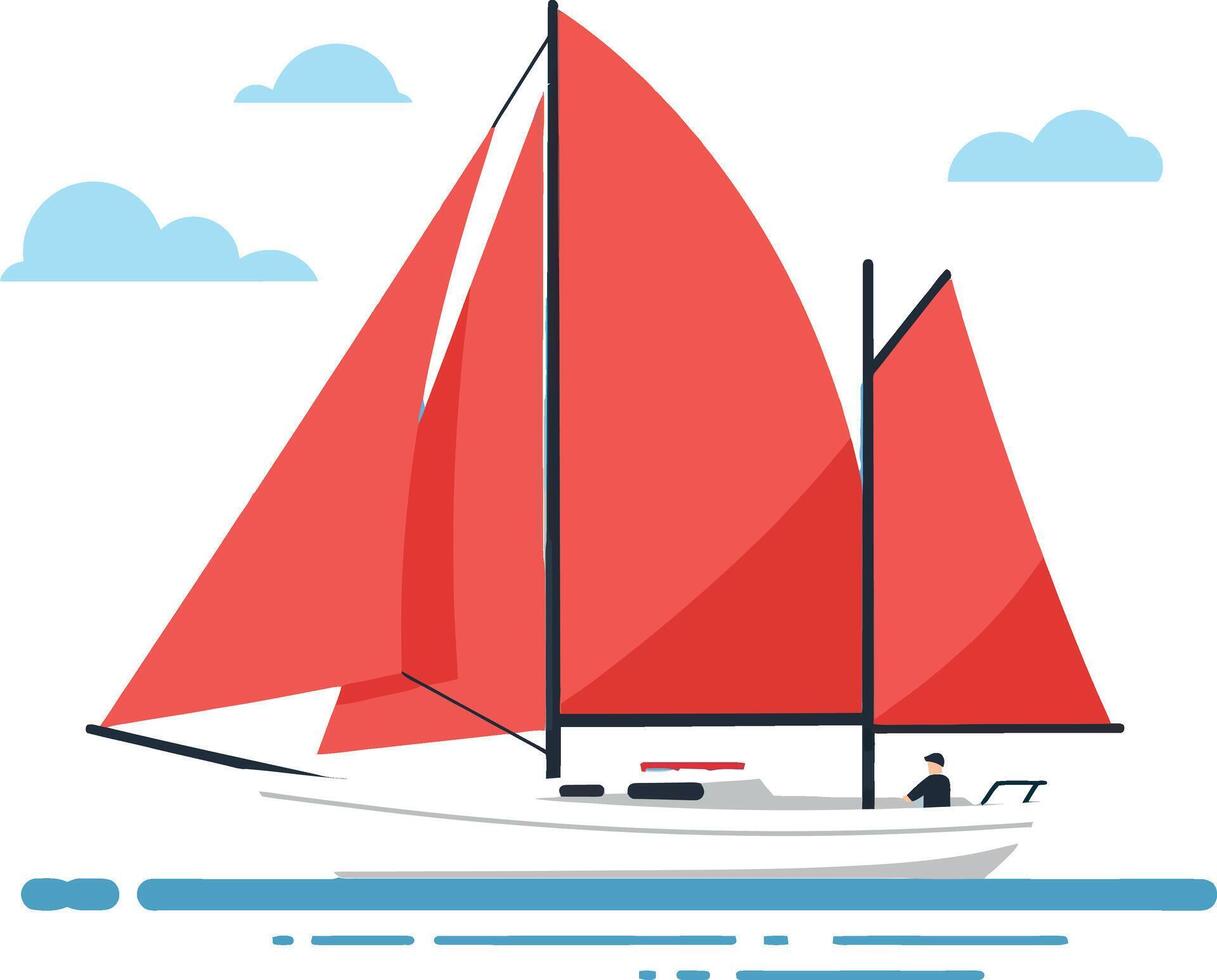 Sailboat with red sails gliding across calm waters in a minimalist illustration vector