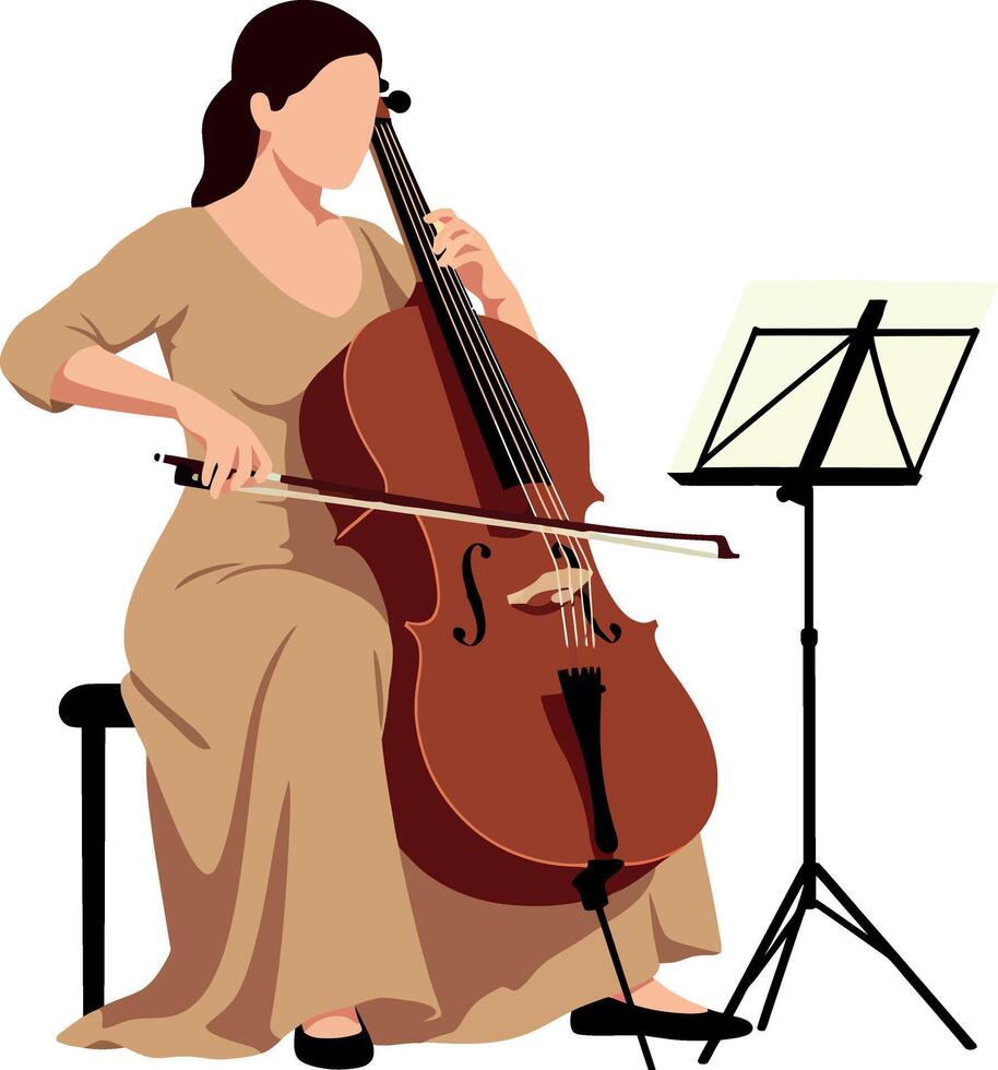 A woman playing a cello in a beige dress with sheet music in a minimal illustration vector
