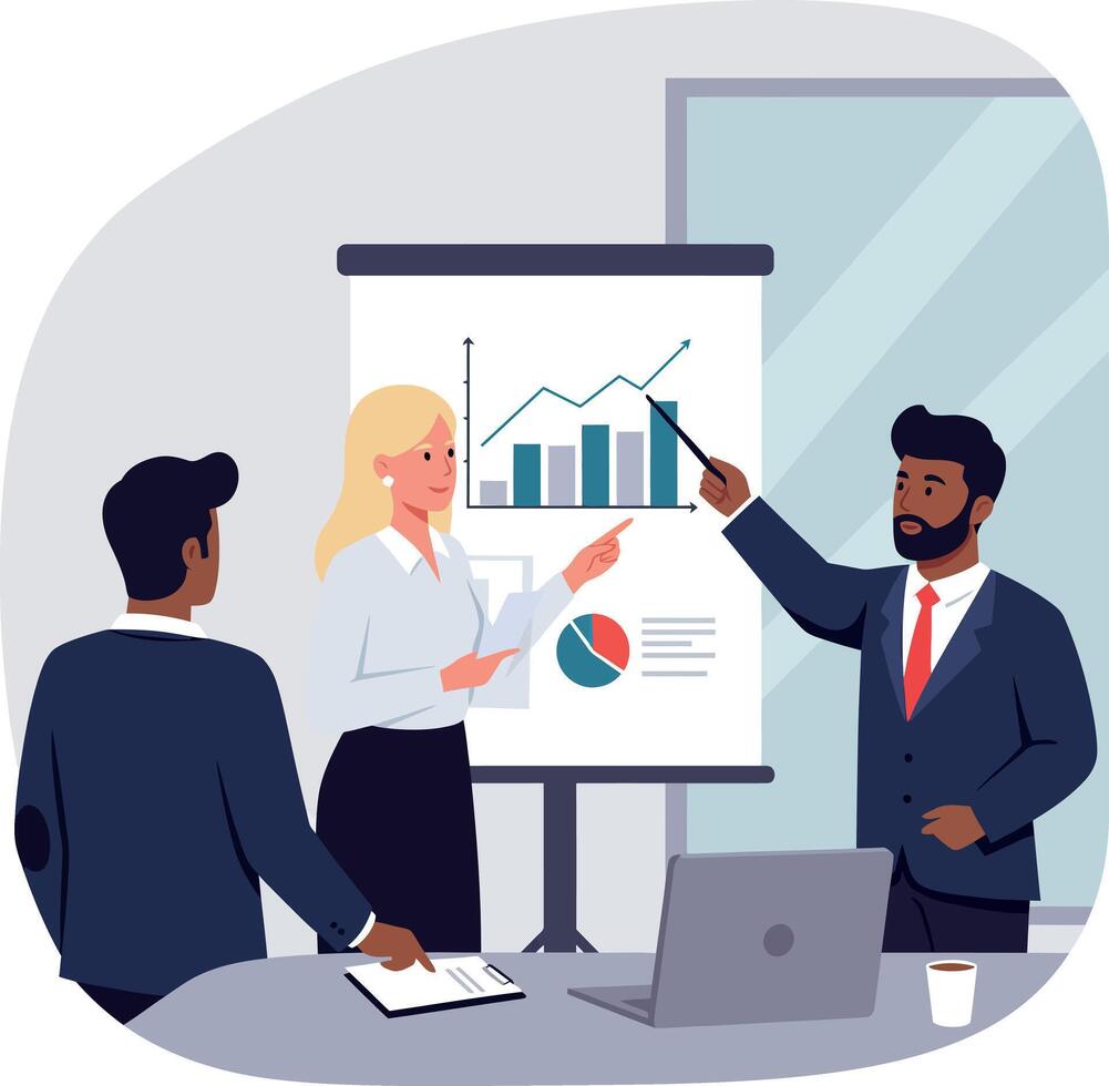 Business team analyzing data during a meeting in flat art style with charts and presentations vector