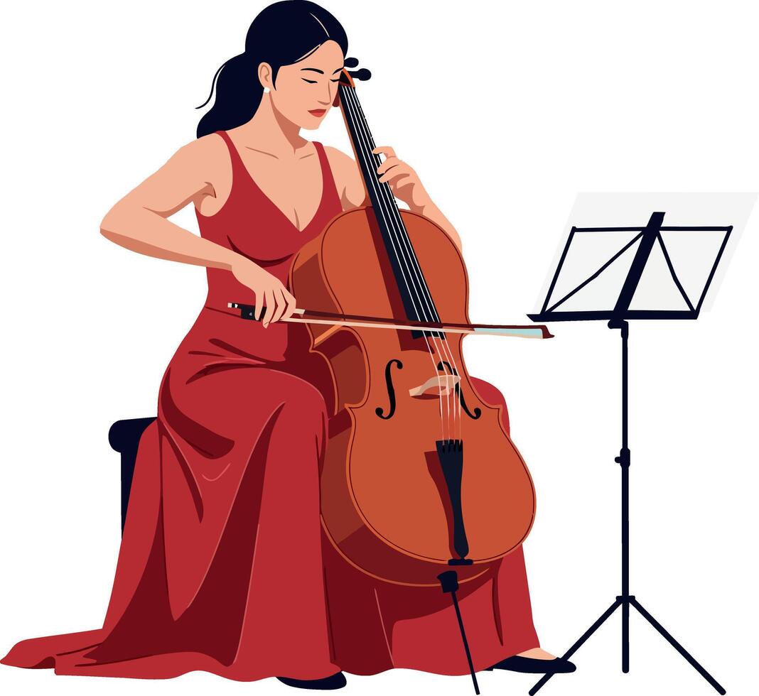 Woman in a red dress playing a cello with concentration in flat art vector