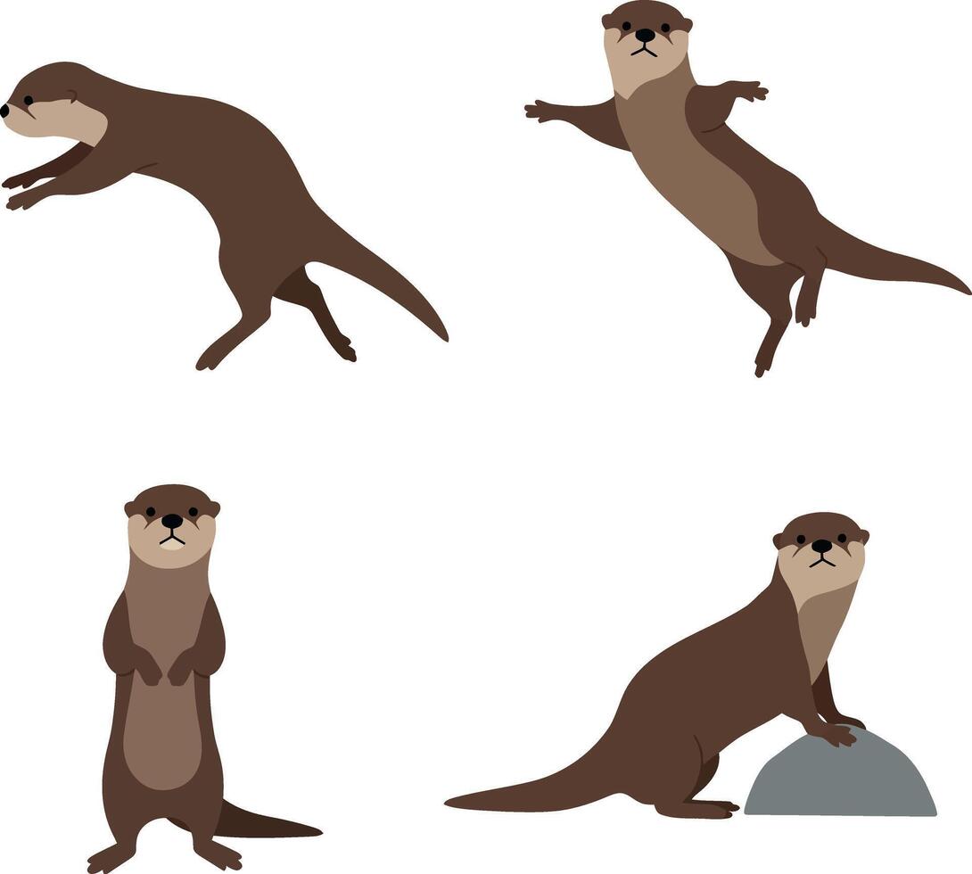 Playful otters in various poses featuring flat design style art vector
