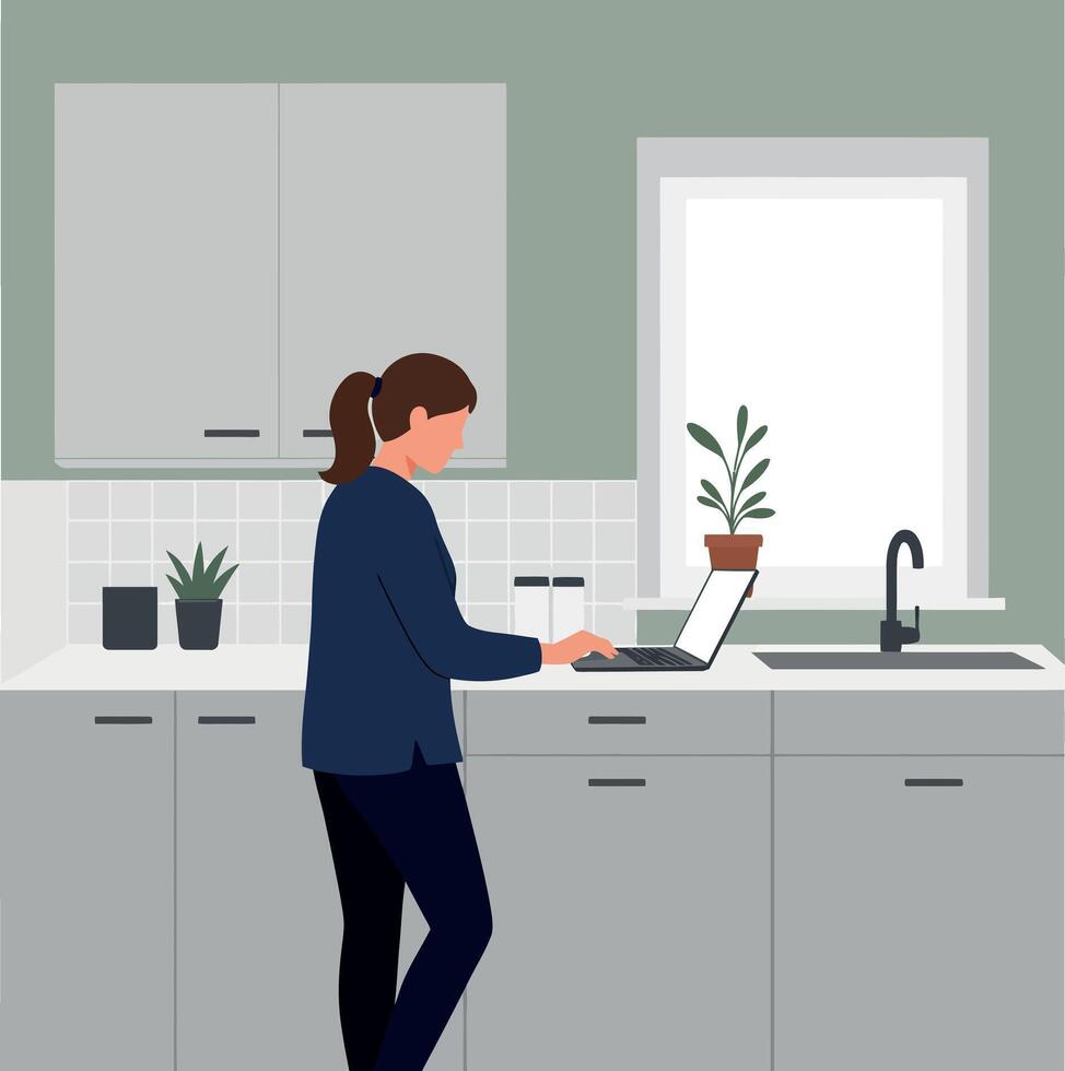 Woman working at a modern kitchen counter with a laptop in a minimal illustration vector