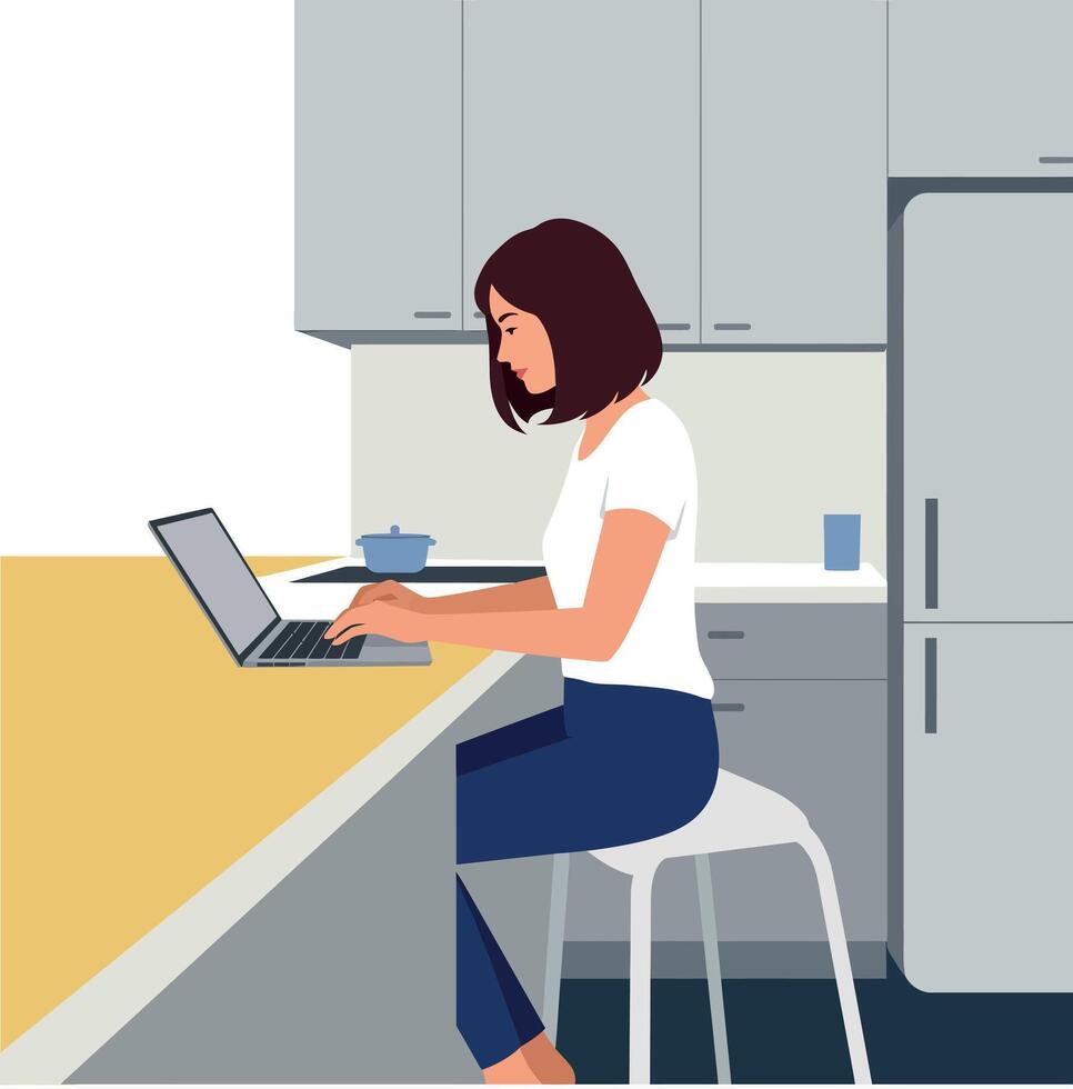 A woman working on a laptop in a modern kitchen, minimal design, art vector