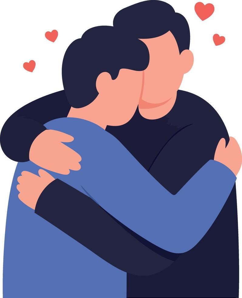 Two men embracing affectionately in a warm and loving scene, minimal illustration vector