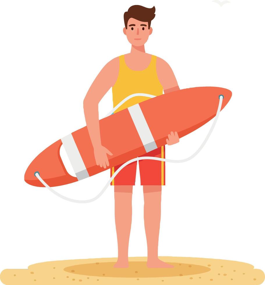 Young lifeguard standing on sandy beach holding a surfboard in flat art vector