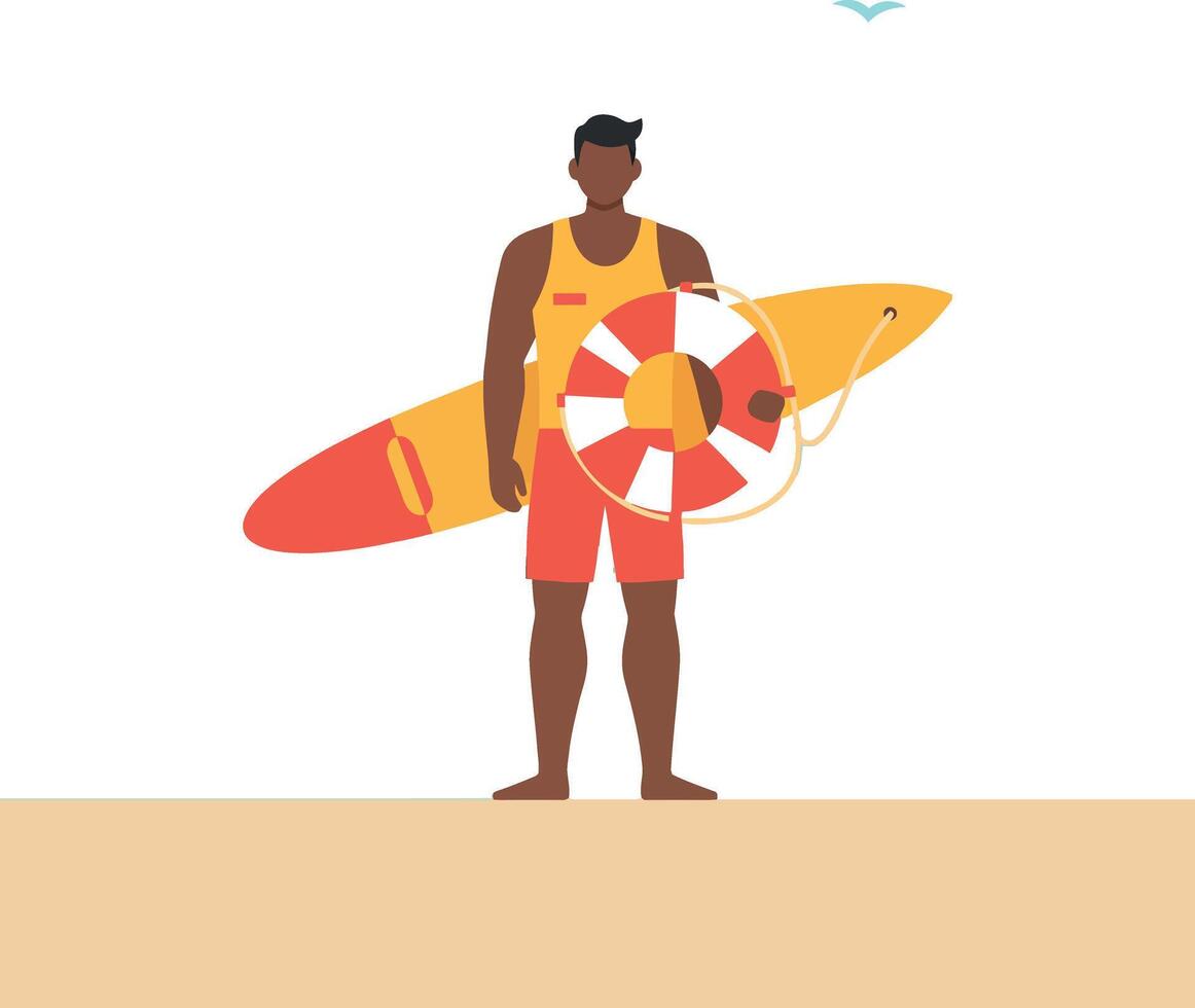 Lifeguard standing on the beach holding a surfboard and lifesaver in flat art vector