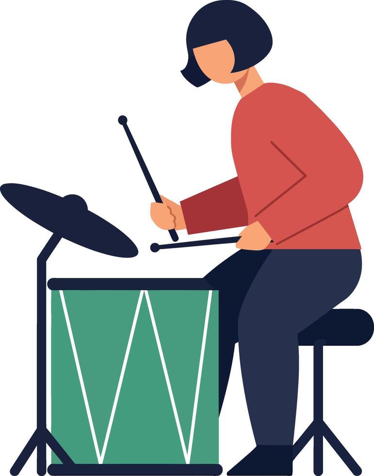 Drummer playing a green drum while sitting on a stool in a flat illustration vector