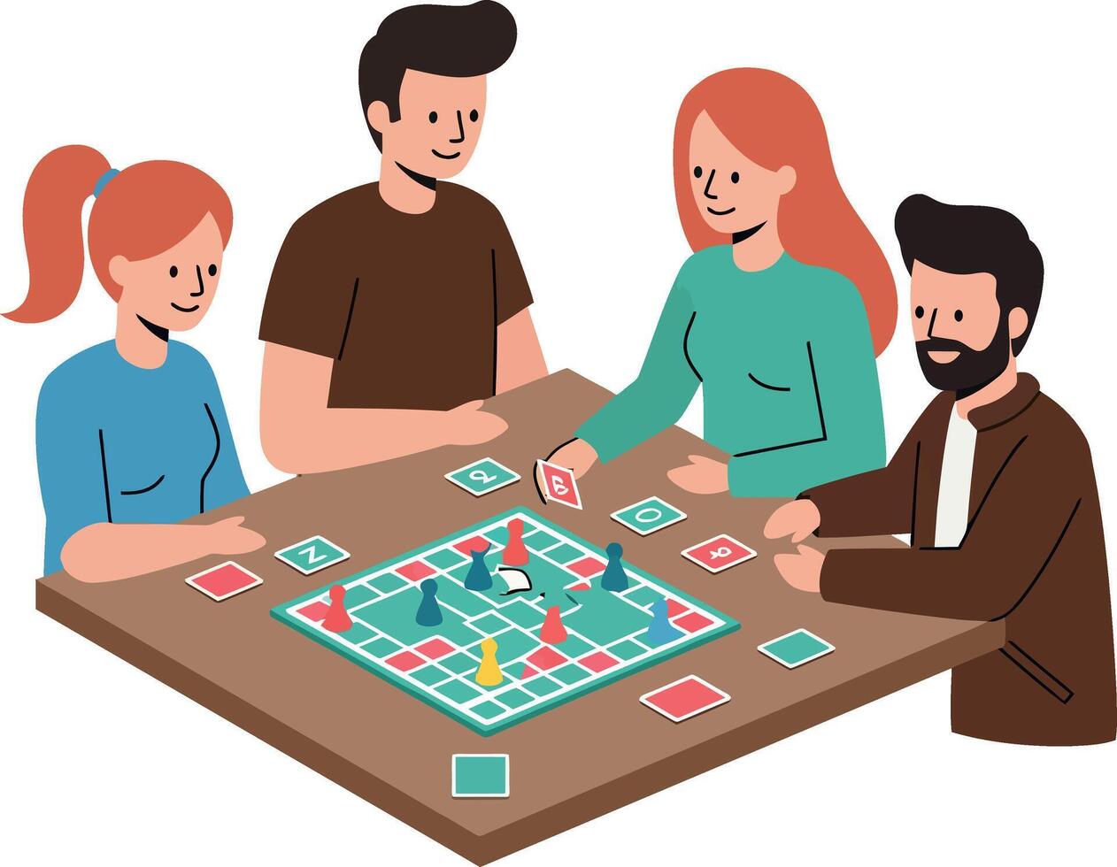 Group of four friends enjoying a board game night in a flat design illustration vector