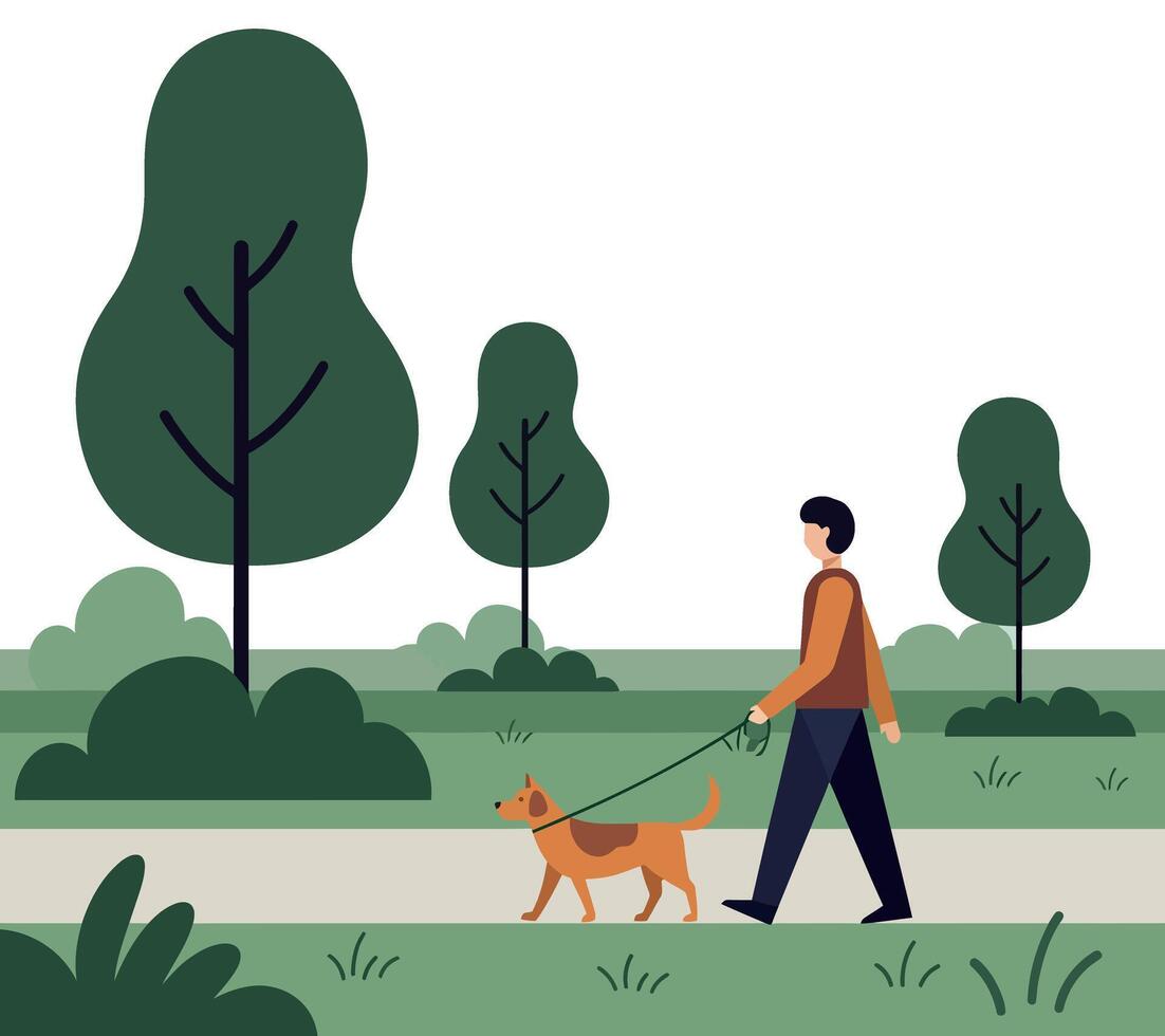 A man walking a brown dog along a path in a green park, flat art vector