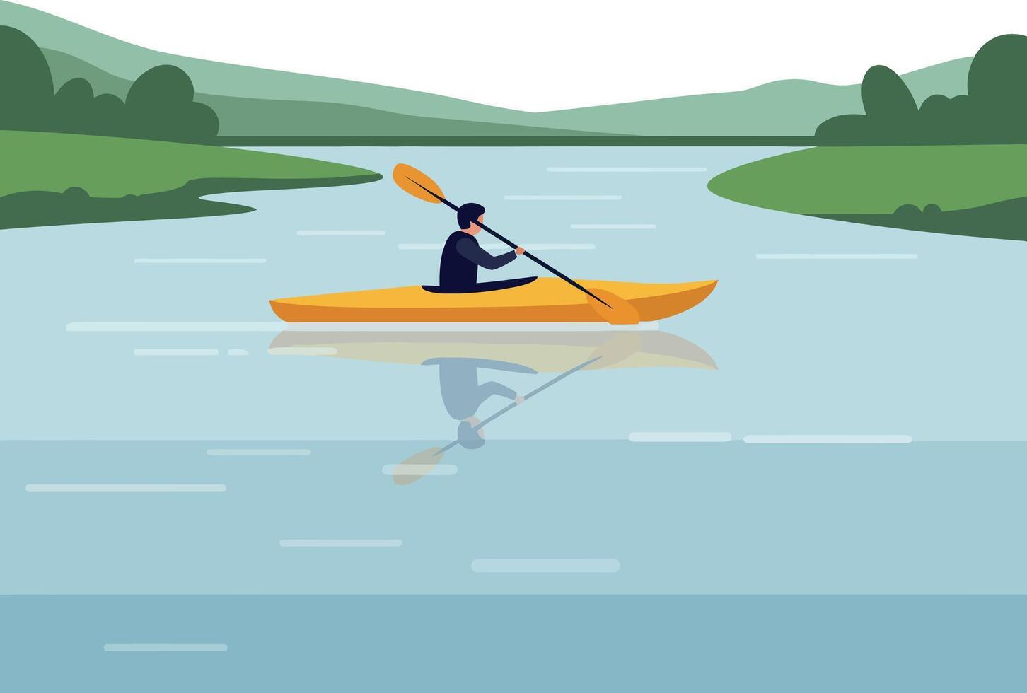 Kayaker paddling on serene waters with lush green hills in a minimal illustration vector