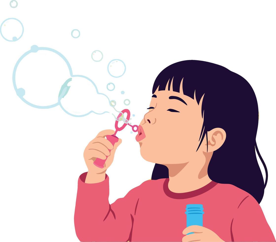 A young girl blowing bubbles in a joyful moment, flat illustration vector