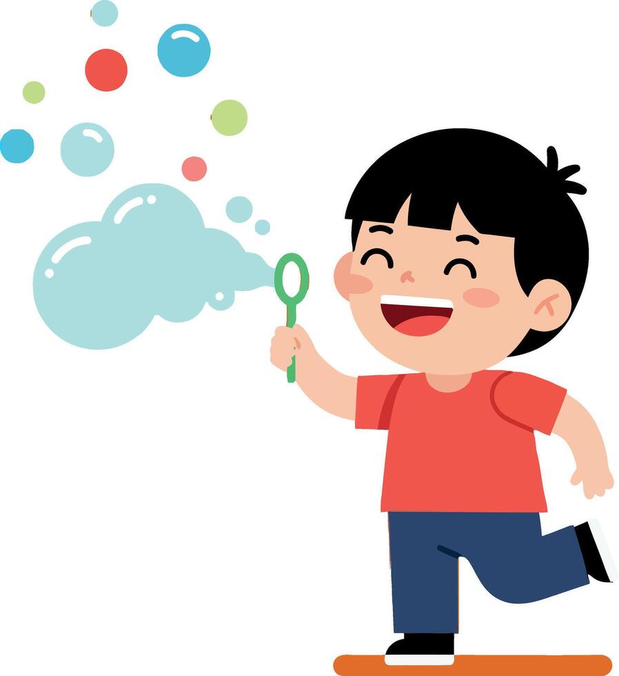 Happy child blowing bubbles in a playful setting with flat design art vector