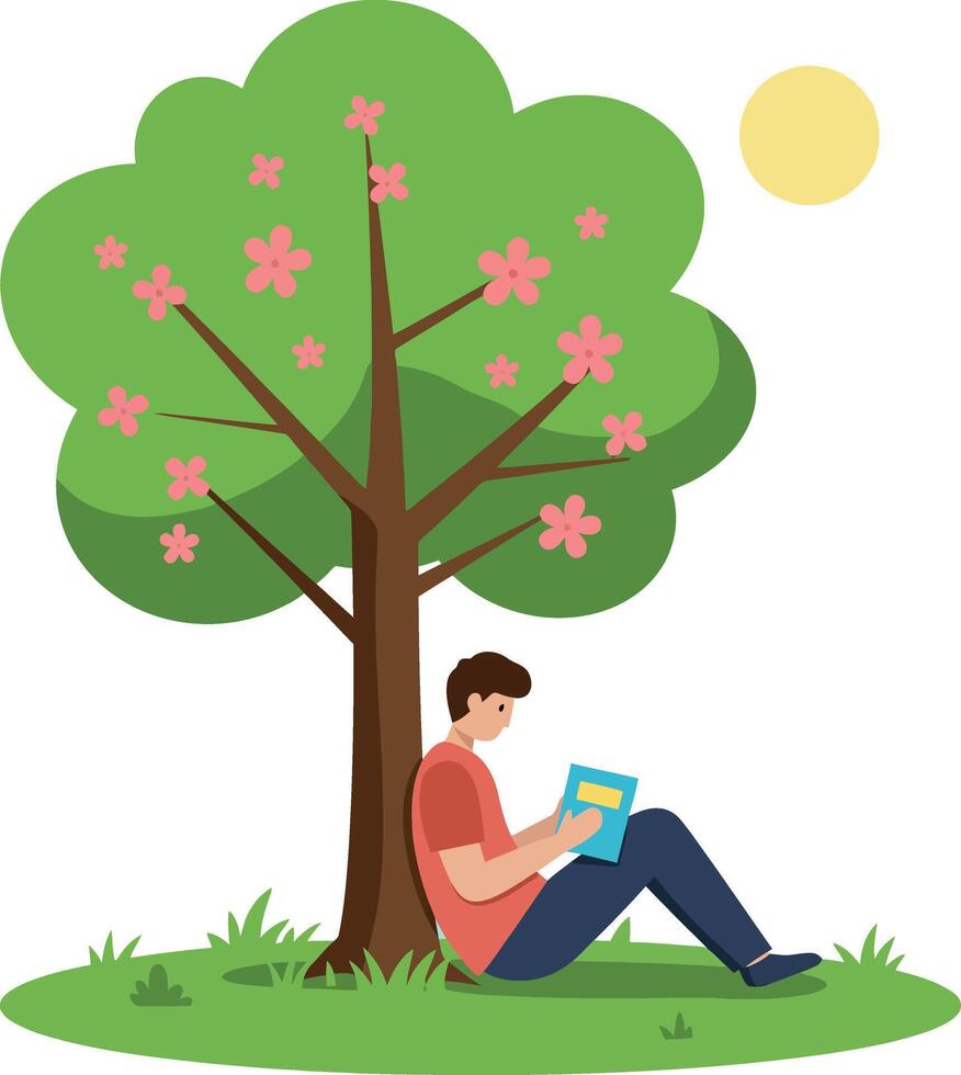 A young man reading a book under a flowering tree in a bright, sunny park, flat illustration vector