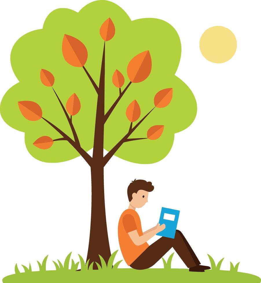 A young boy reading a book under a leafy tree in a sunny park flat illustration vector