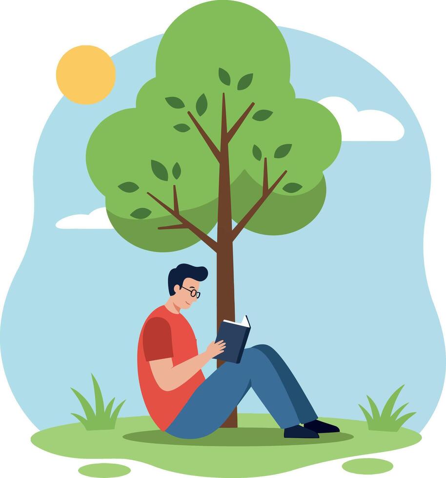 A young man reading a book under a green tree in a flat illustration vector