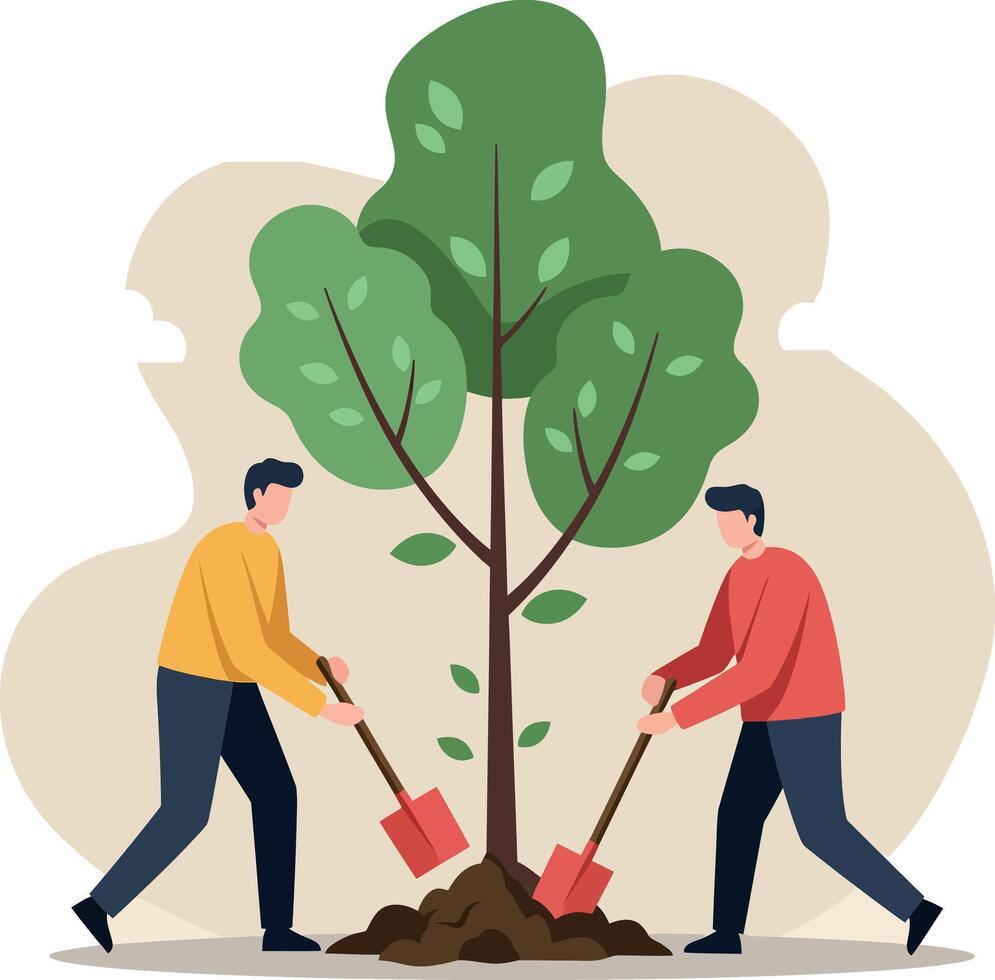 Two men planting a tree in a garden with shovels in a flat illustration vector