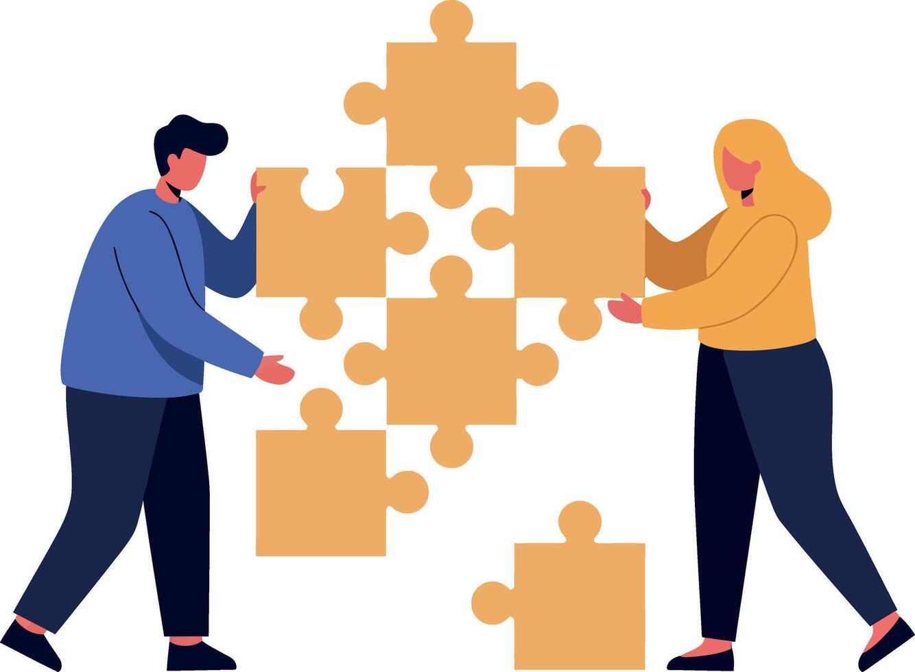 Two individuals collaborating on a puzzle in a flat illustration style, showcasing teamwork and problem-solving skills through playful engagement and shared focus in art vector