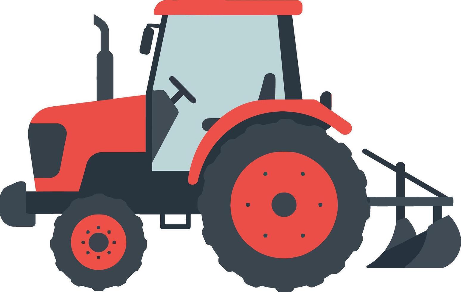 Red tractor with black wheels and plow in flat art style vector