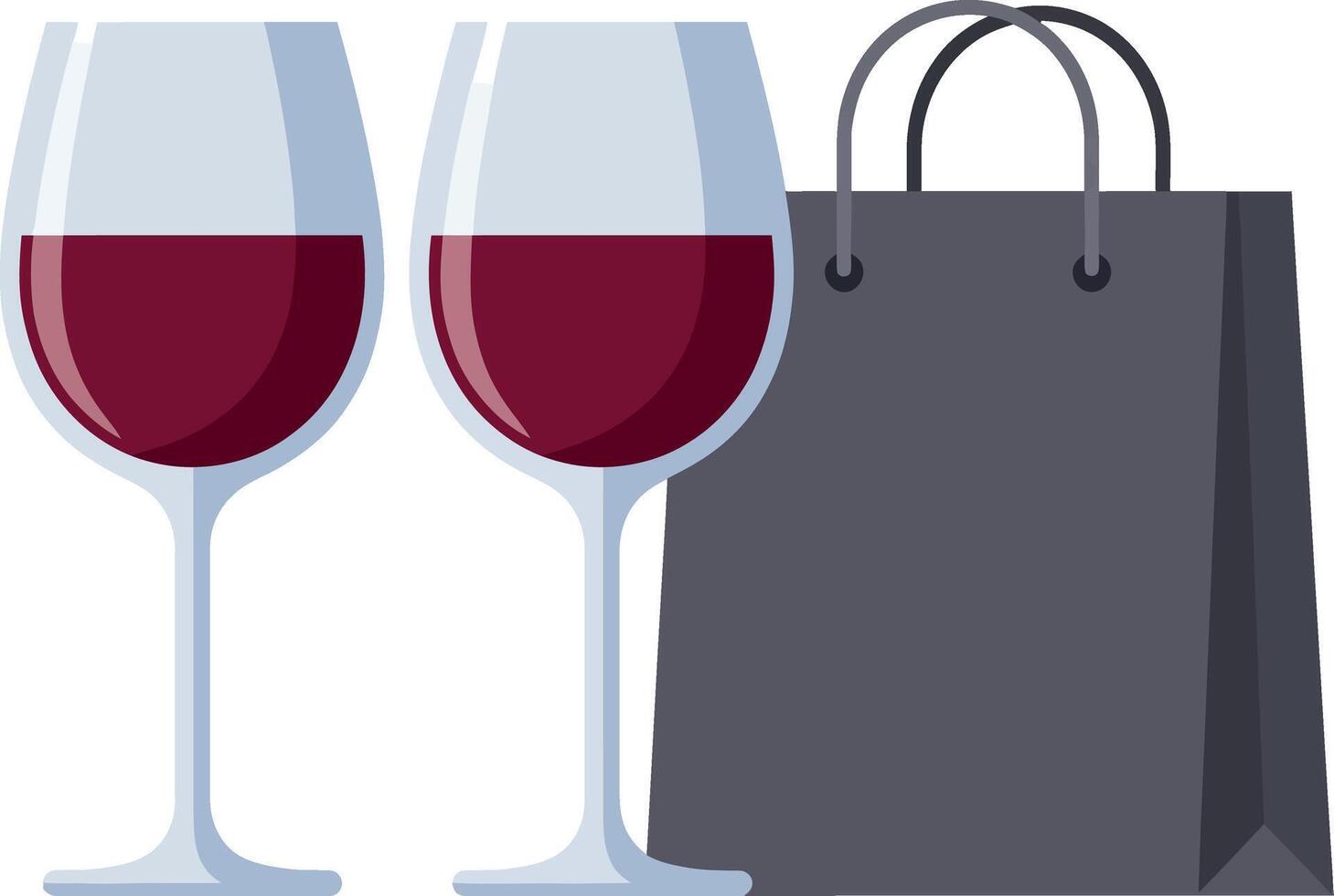 Two elegant wine glasses with red wine beside a sleek shopping bag in minimal art vector