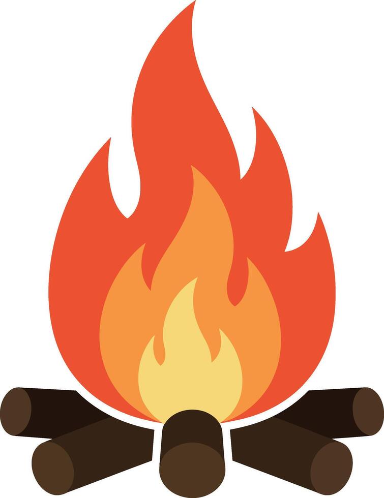 A vibrant campfire with flickering flames surrounded by wooden logs in a flat illustration vector