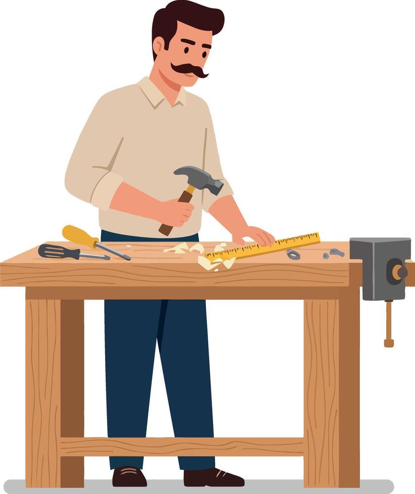 A man working diligently at a wooden table using tools in a flat illustration vector