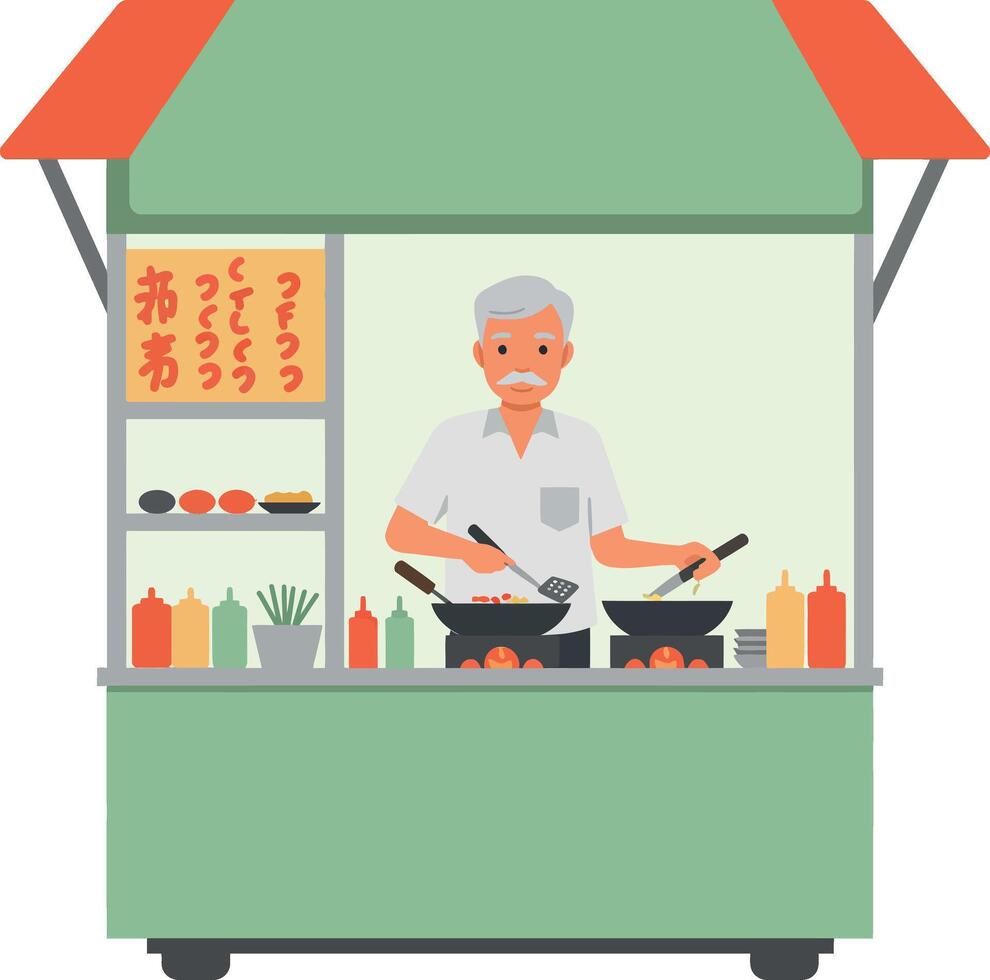 Elderly man cooking at a colorful food stall in flat art vector