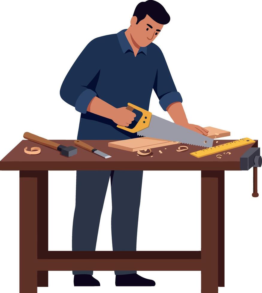 A man focused on woodworking at a workbench using a saw in flat art vector