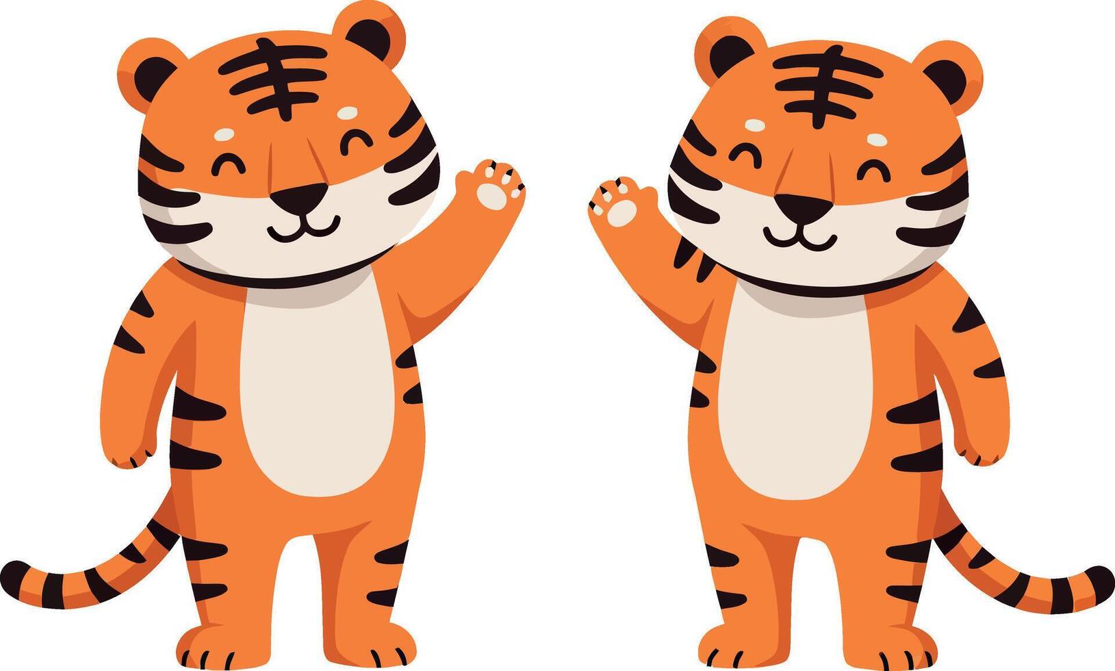 Two cheerful cartoon tigers waving happily in a playful flat illustration vector