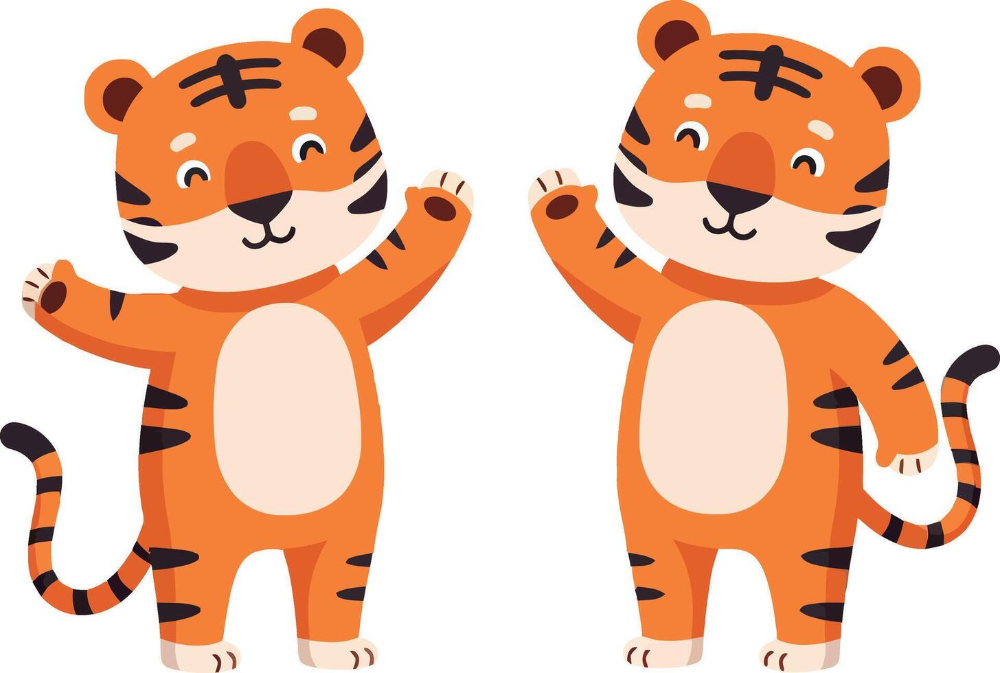 Two cheerful cartoon tigers waving in a playful and friendly manner, flat illustration vector