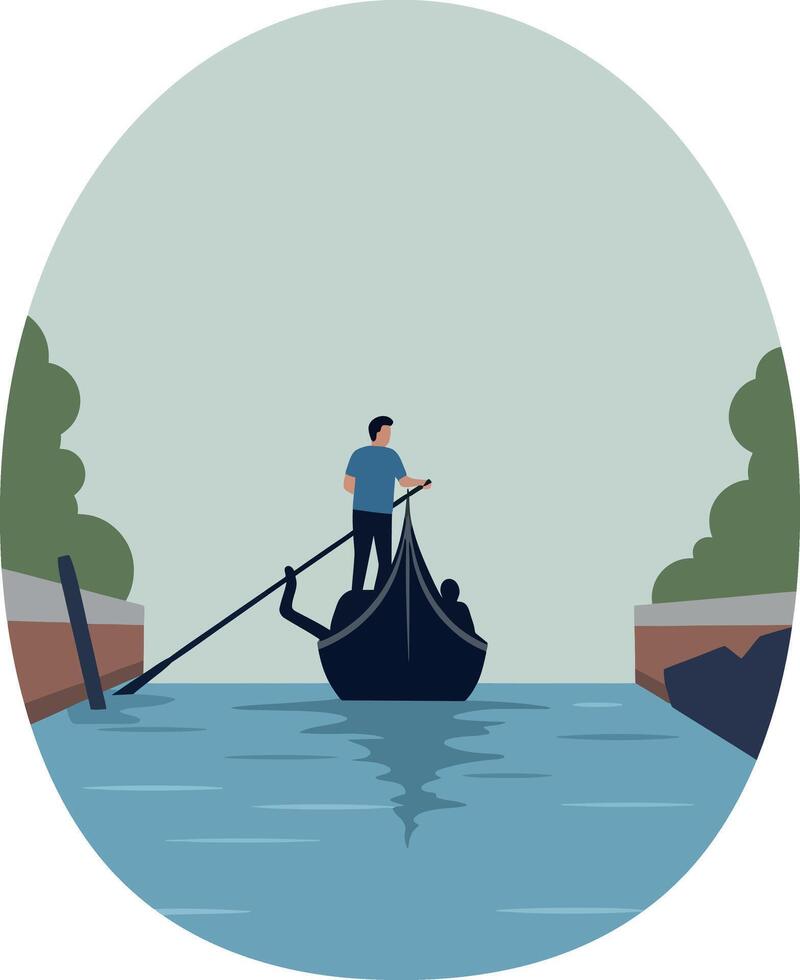 Gondolier navigating a serene canal in minimal flat illustration vector