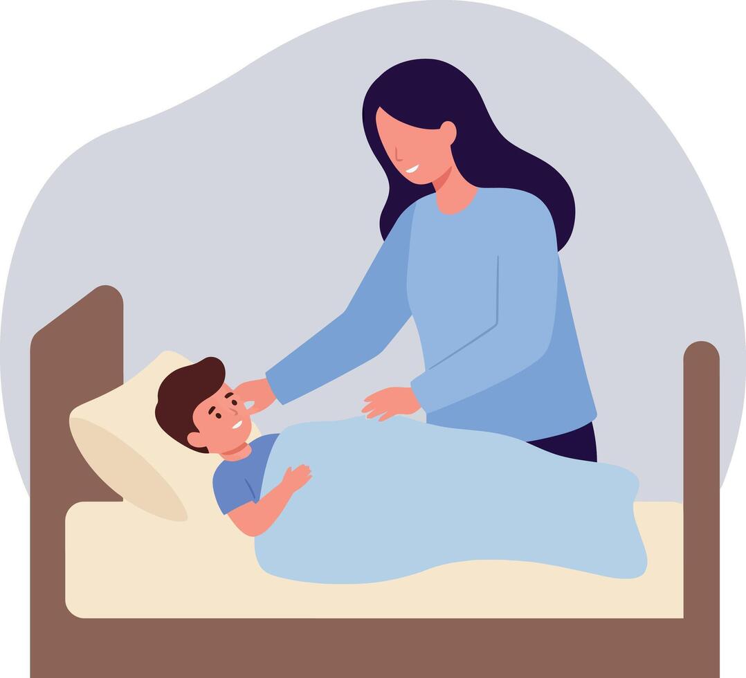 Caring mother tucking in her son at bedtime in a cozy flat illustration vector