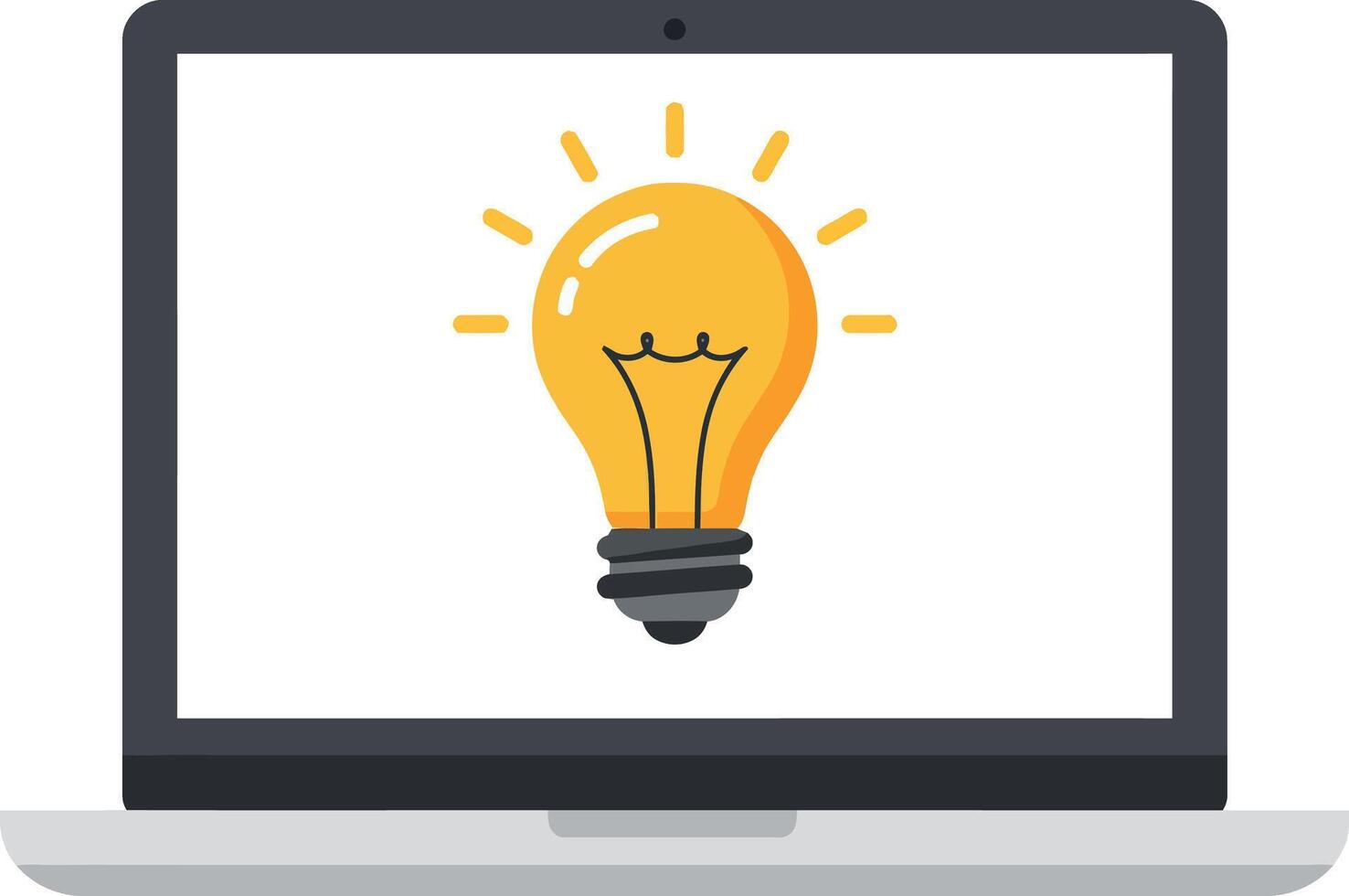 Laptop with glowing light bulb icon in flat design illustration vector