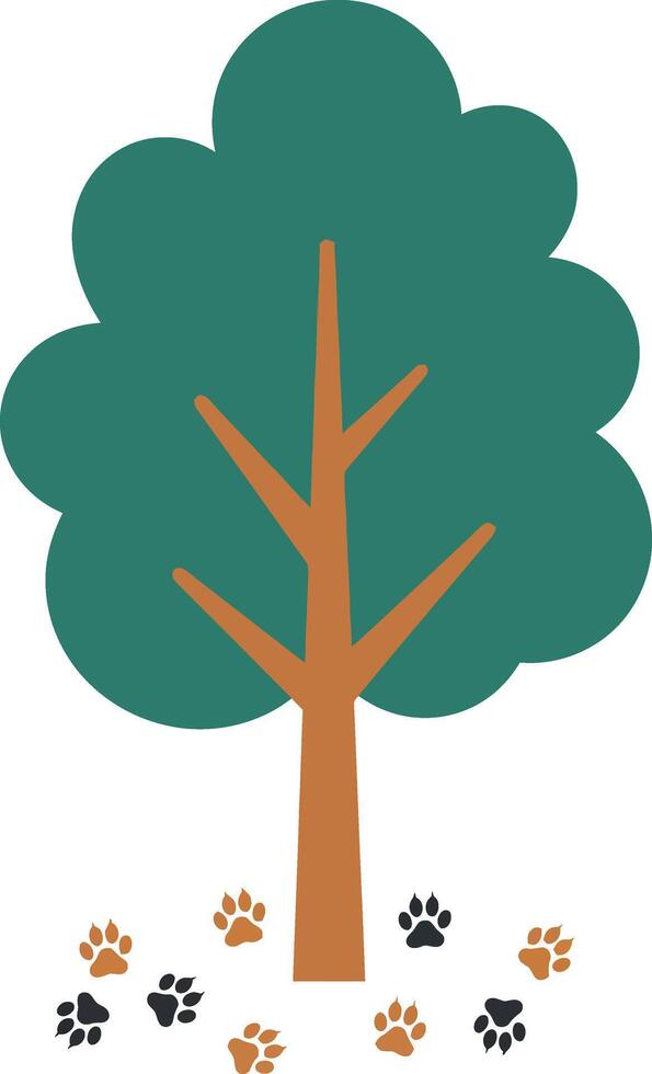 Green tree with brown trunk and colorful paw prints scattered around in flat art vector